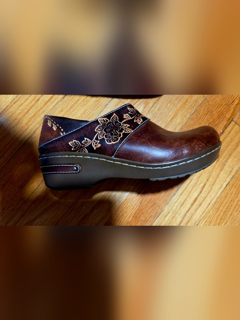 Spring Step Brown Floral-Embroidered Clog